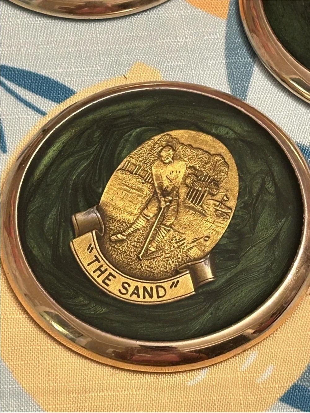 Golf Coasters Brass Medallion Set Heavy Green Marbled 4 Drive Fairway Sand Putt